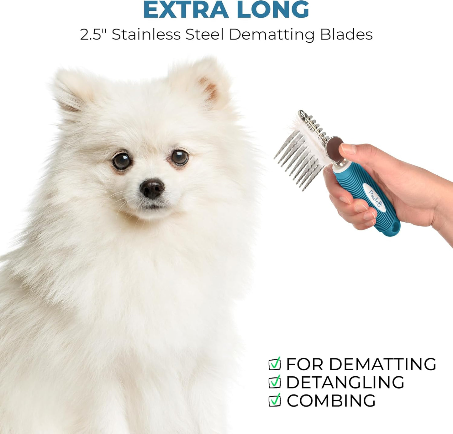 Poodle Dematting Fur Rake Comb Brush for Dogs and Cats - Long 2.5" Steel Safety Blades Metal Comb for Detangling Matted or Knotted Undercoat Hair