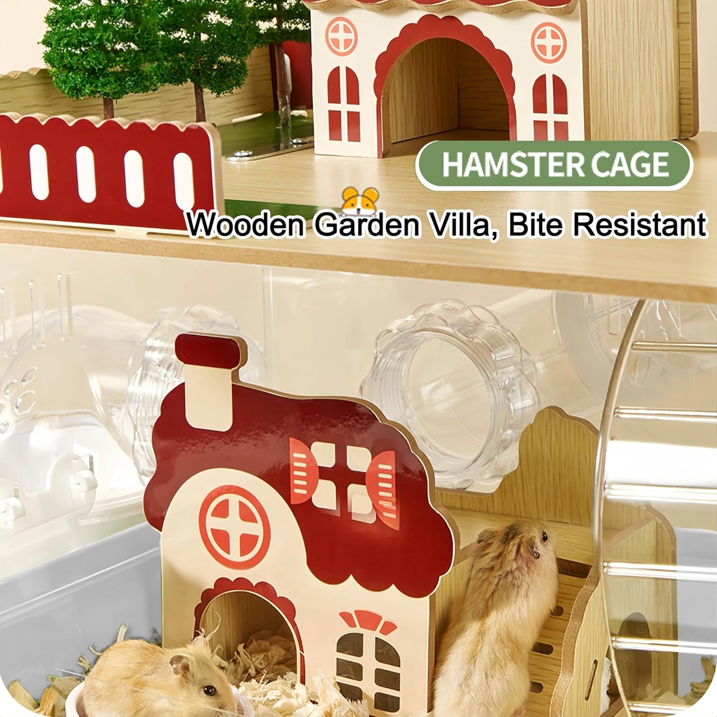 12 in 1 Clear Acrylic Hamster Cage with All Accessories,13.5''L* 10''W* 15''H Dwarf Hamster Cage,Magnetic Connection Small Hamster Enclosure,Garden Style Wooden Mouse Cage for Pet Mice(2-Layer,White)