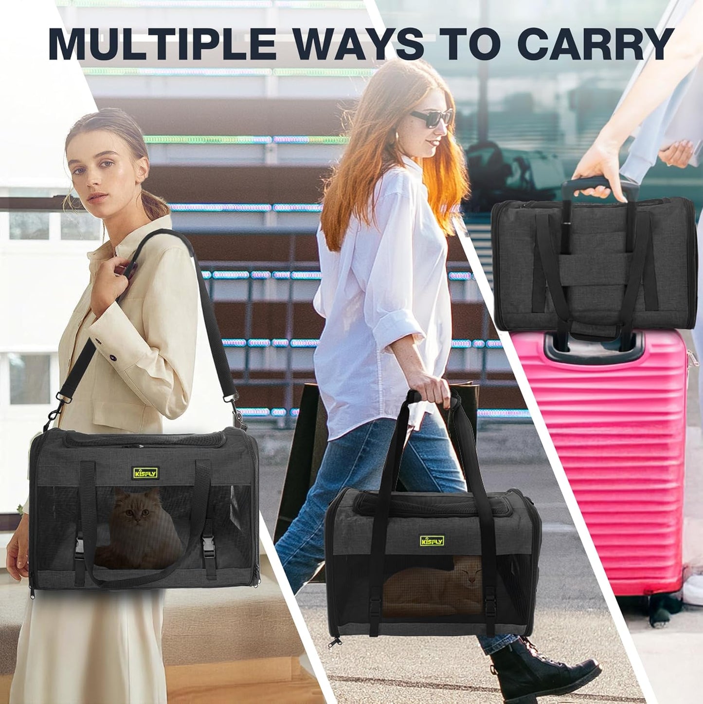 Small Dog Carrier for Puppies, Rabbits, Cat Carrier Soft, Foldable Travel Bag, Fits Pets up to 25lbs, Car Seat Belt Compatible, Ideal for Car Road Trips, Anti-Scratch Mesh, 20x13x13 in, Black