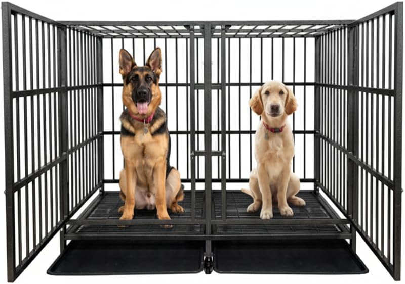 54 Heavy Duty Dog Crate Cage with Divider, Indestructible and Escape Proof Steel Kennel Indoor for High Anxiety Dogs with Removable Tray, Lockable Wheels, Double Door, Extra Large XL XXL