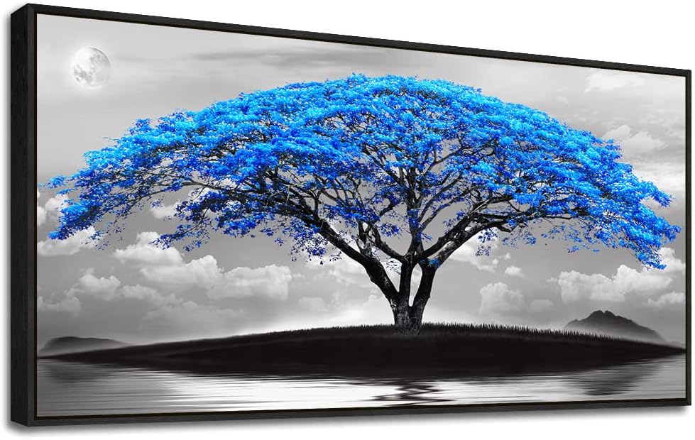Framed Canvas Wall Art For Living Room Large Size Office Wall Decor Bedroom Decor Wall Pictures Artwork Black And White Landscape Blue Tree Moon Wall Painting Home Decorations Black Frame 20" X 40"
