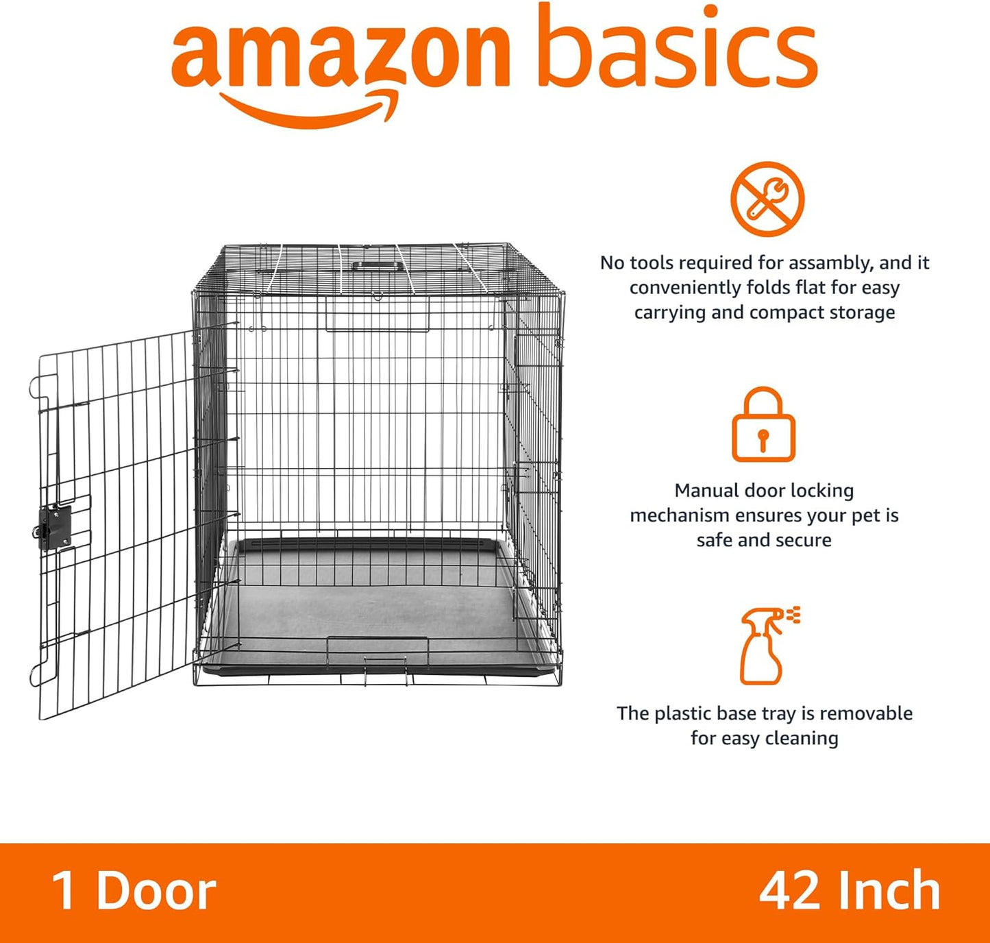 Amazon Basics Durable, Foldable Metal Wire Dog Crate with Tray, Single Door, 42 x 28 x 30 in, Black