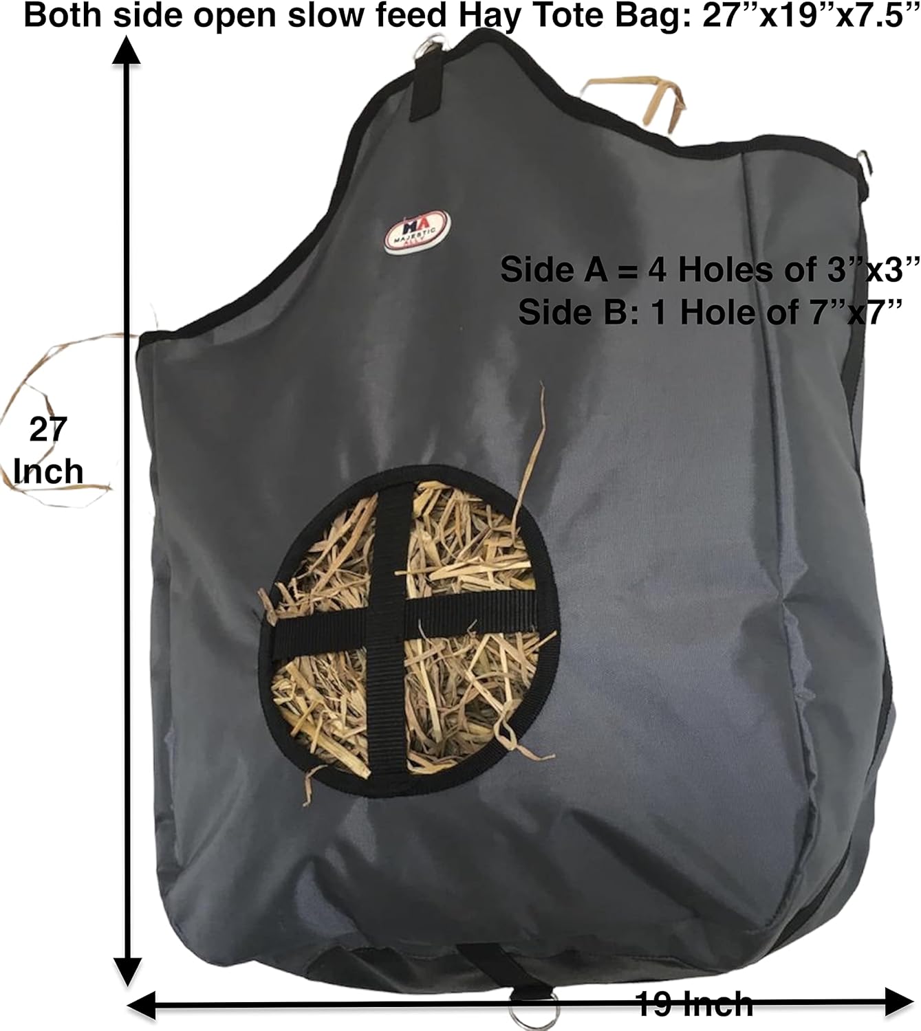 Majestic Ally Nylon Hay Feeder Tote Bag for Horse, Goat, Sheep - Double Sides Open Feed Hole with Faux Leather Ventilated Bottom- Premium Quality -Simulates Grazing - Reduces Waste (Dark Gray)