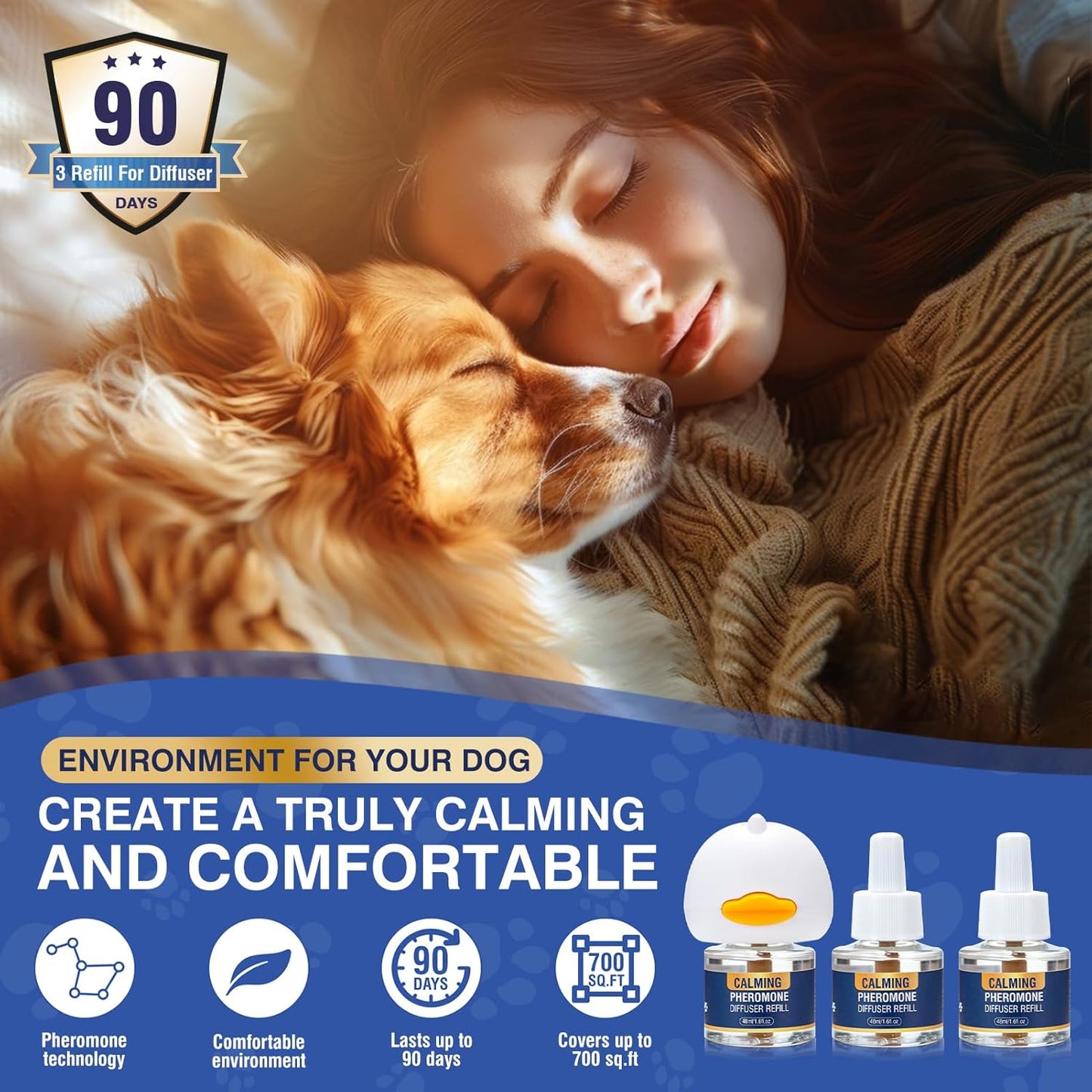 Dog Pheromone Calming Diffuser 4 In 1 Appeasing Pet Pheromones Diffuser to Calm Kit (Plug in+ 3 Pack 48ml Refill) for Anxiety Relief Reduce Barking Aggression Fighting Stress 90 Day Supply(Tasteless)