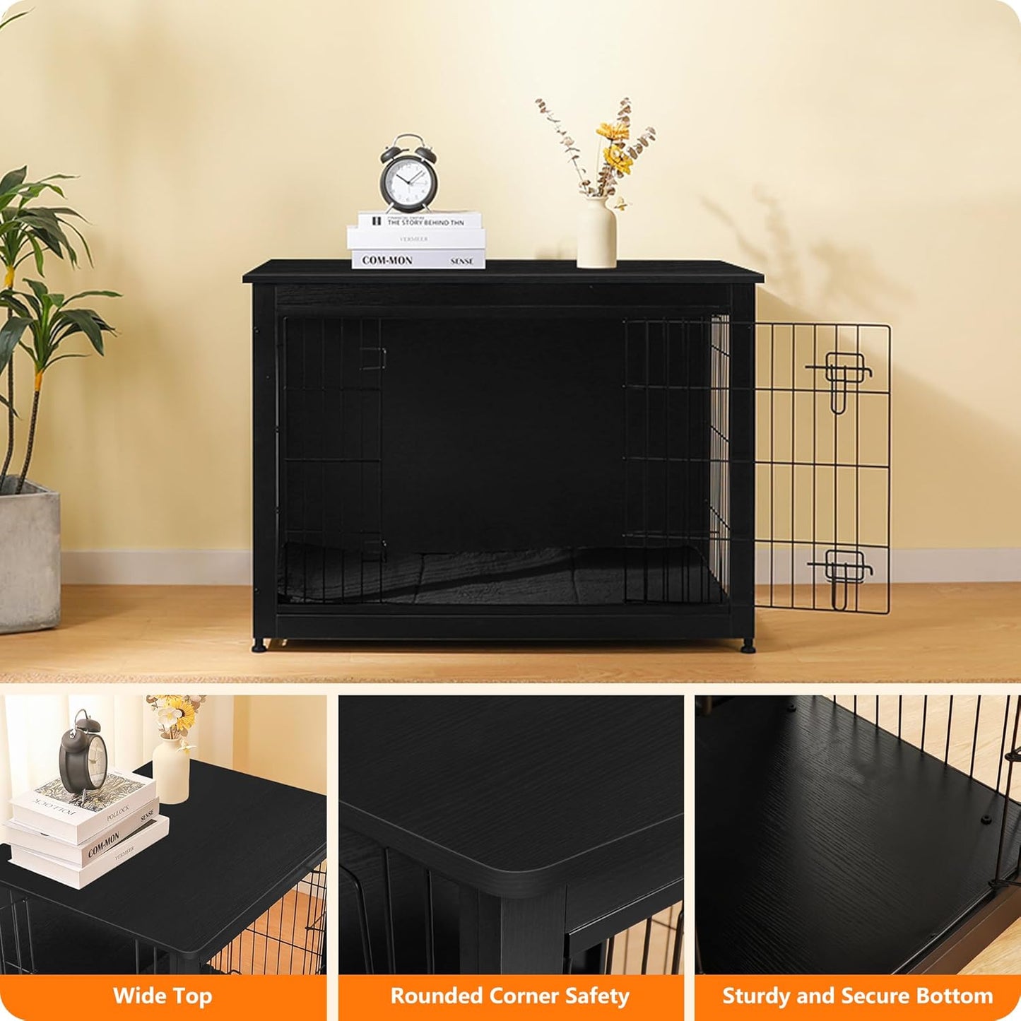 DWANTON Dog Crate Furniture with Cushion, Wooden Kennel Table with Double Doors, Indoor Dog House, Extra Large Size, 43.3" L, Black
