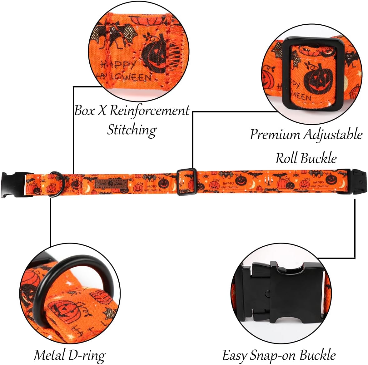 Lionet Paws Fall Halloween Dog Collar, Cute Bat Pumpkin Dog Collar for Large Dogs, Adjustable Cotton Orange Pet Collars for Large Dogs