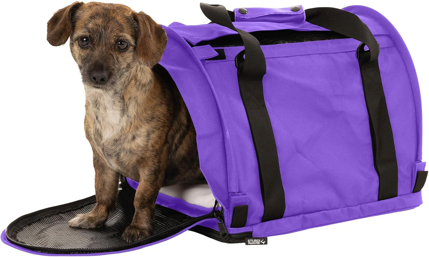 SturdiBag Pro 2.0 Pet Travel Carrier with Flexible Height for Cats and Dogs | Soft Sided Pet Carrier Bag with Safety Clips and Seatbelt Straps for Airplane or Car Travel | Medium, Purple
