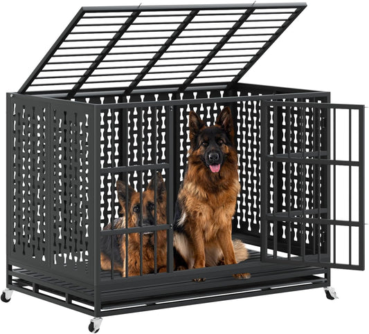 LEMBERI 48/42/38 inch Indestructible Heavy Duty Dog Crate, High Anxiety Extra Large Dog Cage for Large Dogs, XL Steel Escape Proof Dog Kennel with Wheels and Removable Tray