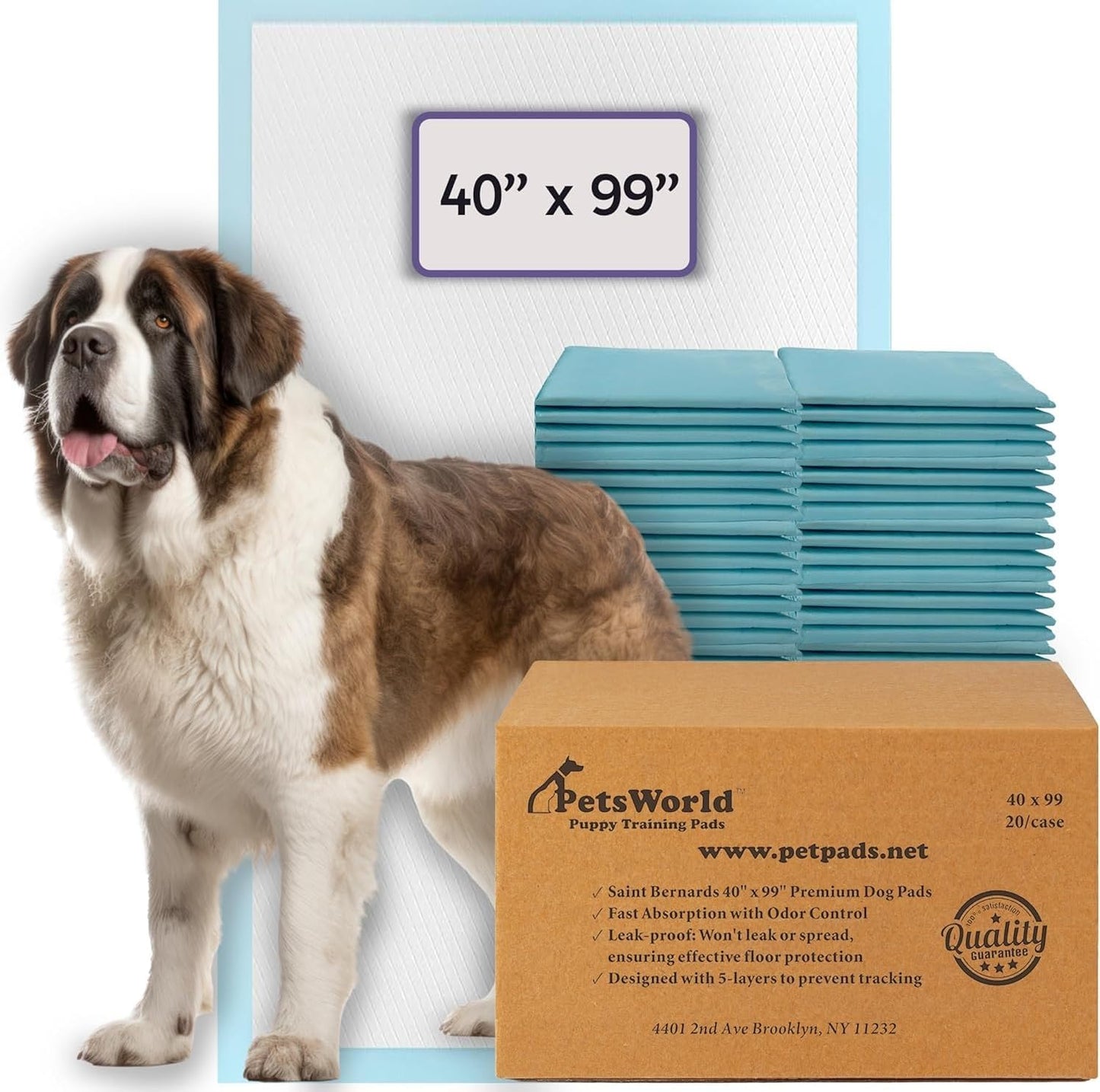 PETSWORLD Mega-Sized Dog Pee Pads (40" x 99") – 4XL Gigantic Pet Piddle Pads for Puppy Training, Incontinence – with Adhesive Sticky Tape – Leak Proof, 5-Layer Protection (80 Count)