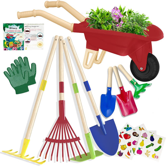 Kids Gardening Tools Outdoor Toys Set Backyard Play with Wheelbarrow Educational STEM Learning Pretend Toys Outdoor Indoor for Toddlers Kids Boys Girls (Red Wheelbarrow Set)