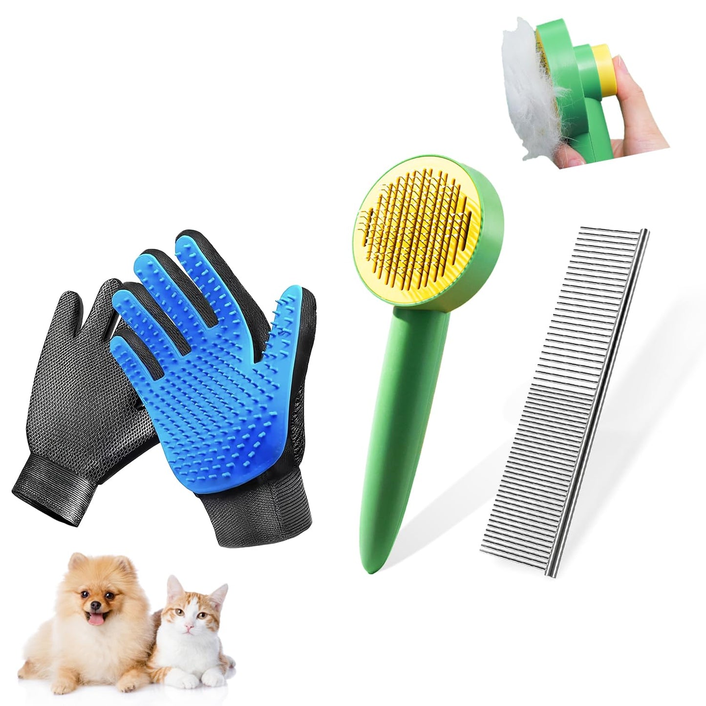 Dog & Cat Brush,Pet Grooming Kit 4PCS- Dog Brush for Shedding| A Pair Pet Hair Removal Gloves| Metal Comb for dog.Removes Undercoat, Loose Hair, Tangled, Dirt and Massages. All hair Types