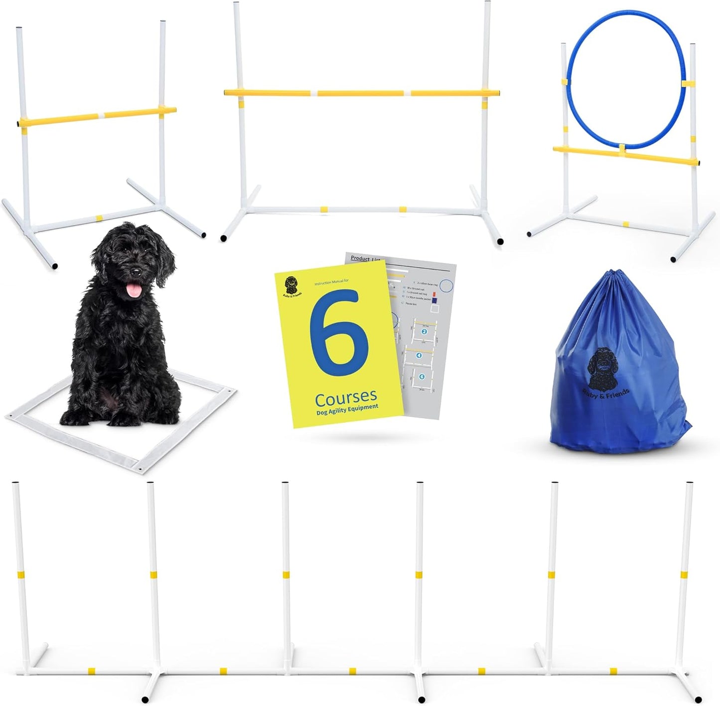 Ruby & Friends Dog Agility Equipment: Create 6 Sturdy Obstacle Courses with Our Dog Agility Course Backyard Set, Including Weave Poles, Ring Jumps and Hurdles with This Obstacle Course for Dogs