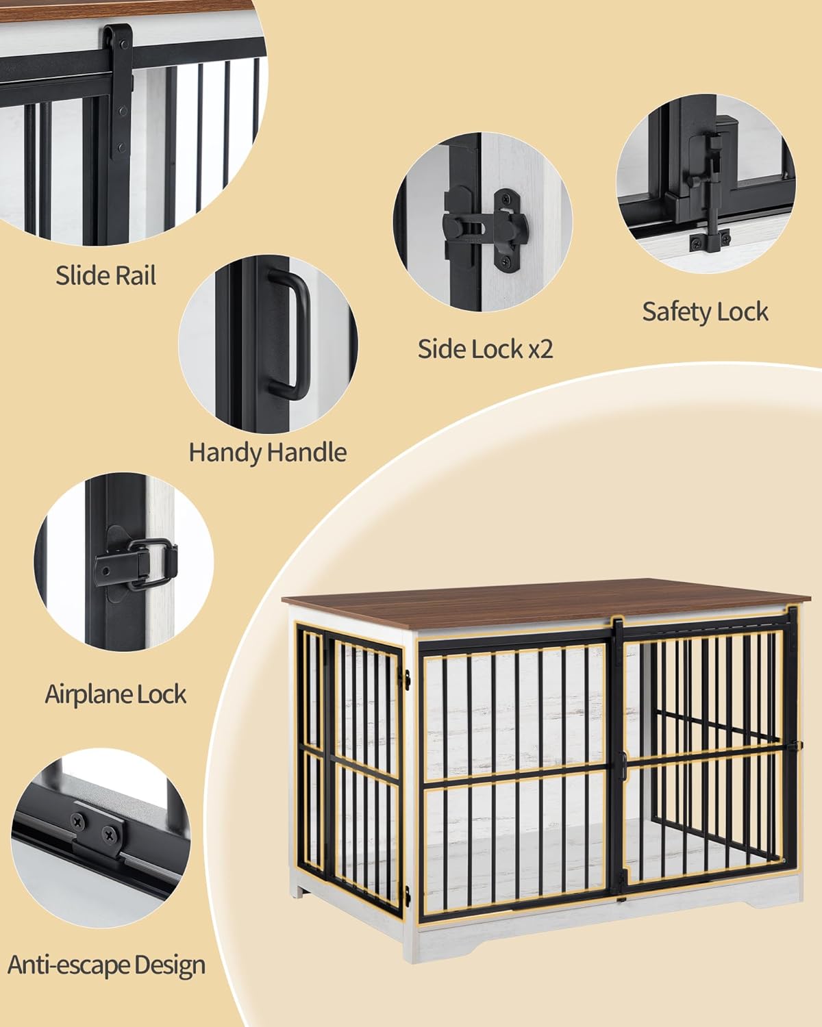 XL Large Dog Crate Furniture, 44.1" Indoor Dog Kennel Furniture with Barn Door, Wooden Tall Dog Crate, Heavy Duty Dog Cage for Large Dogs, Side End Table, Anti-Chew, White Brown DFC80114B