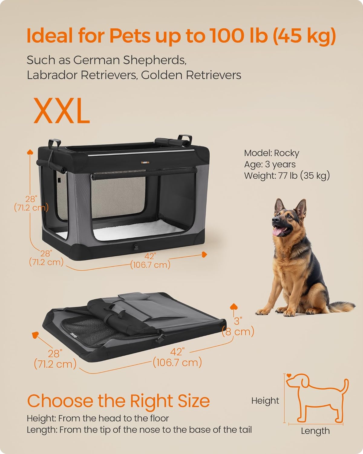 Feandrea Collapsible Dog Crate, 42-Inch Portable Dog Travel Crate for Large Dogs, Oxford Fabric Pet Carrier with 4 Mesh Doors, Handles, Storage Pocket, Water Bottle Holder, Ink Black UPDC021B01