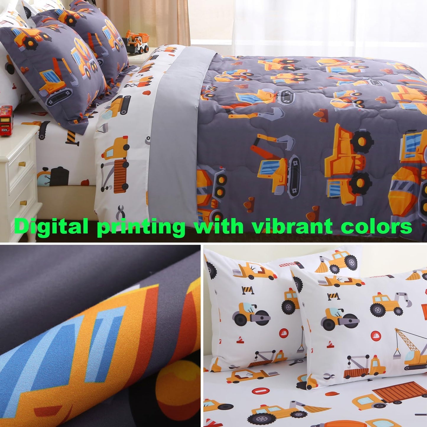 Kids Comforter Set 7 Piece Bedding Cute Car Cartoon Truck Bed Microfiber Comforter Twin Size All Season Excavator Car Truck Printed