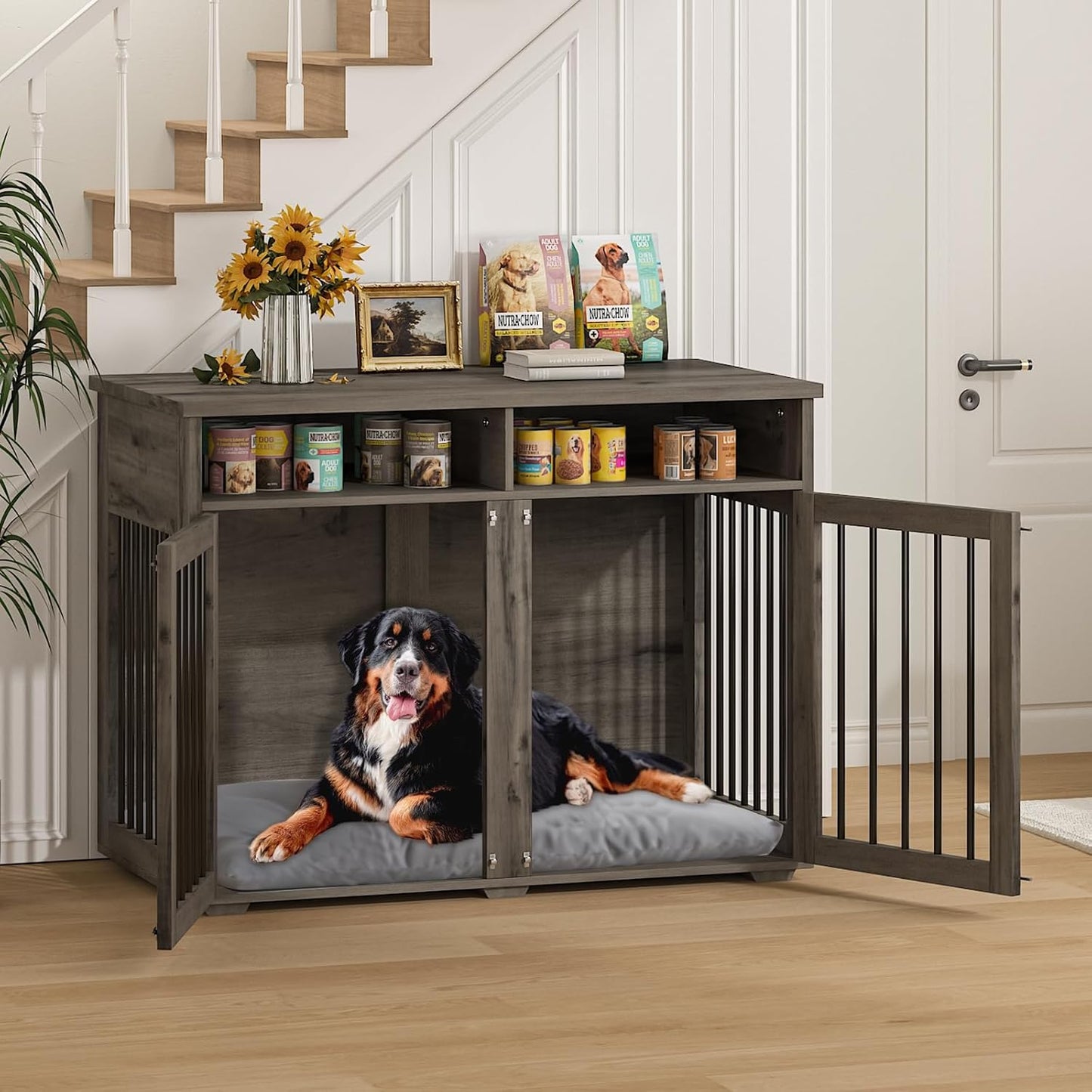Furniture Dog Crate for 2 Dogs, 41 Inch Dog Kennel Furniture with Removable Divider and Shelf Storage, Wooden Dog Crate for Small/Medium Dogs, Grey