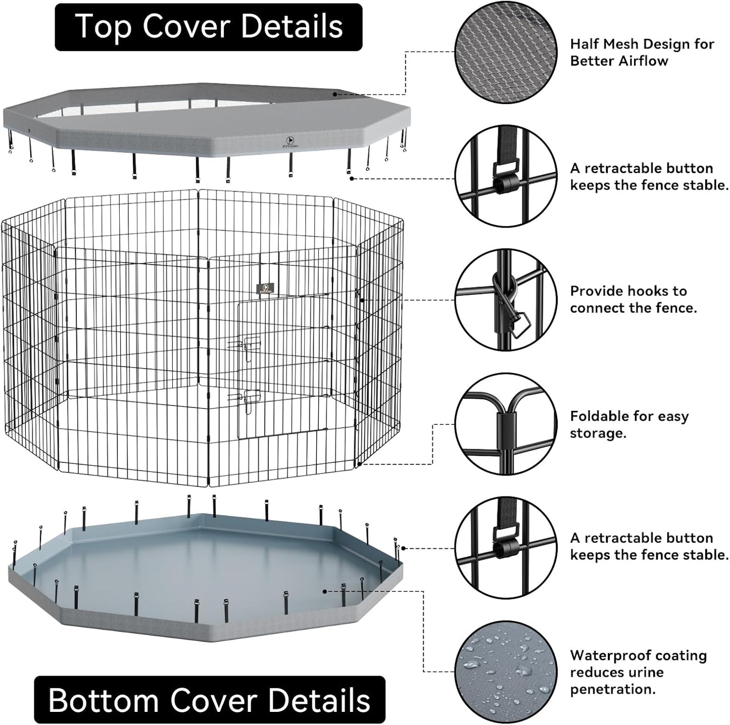 PJYuCien Dog Playpen, 8 Panels 36”H Dog Playpen Indoor with Grey Bottom Pad and Top Cover, Metal Foldable Dog Pen for Indoor Use, Better for Small Medium Animals, Grey