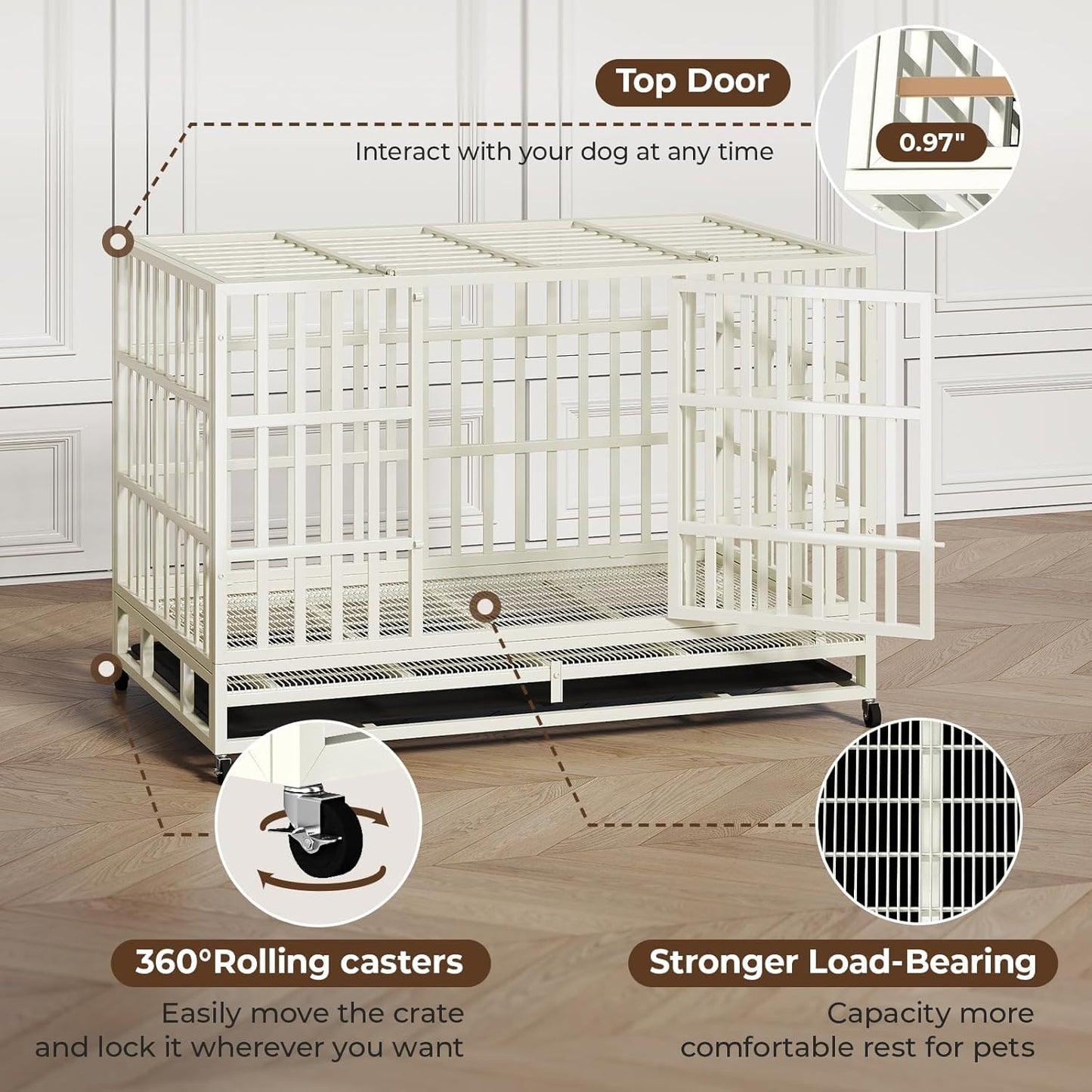 48 Inch Heavy Duty Dog Crate Steel Escape Proof, Indoor Double Door High Anxiety Cage Removable Tray, Extra Large,White