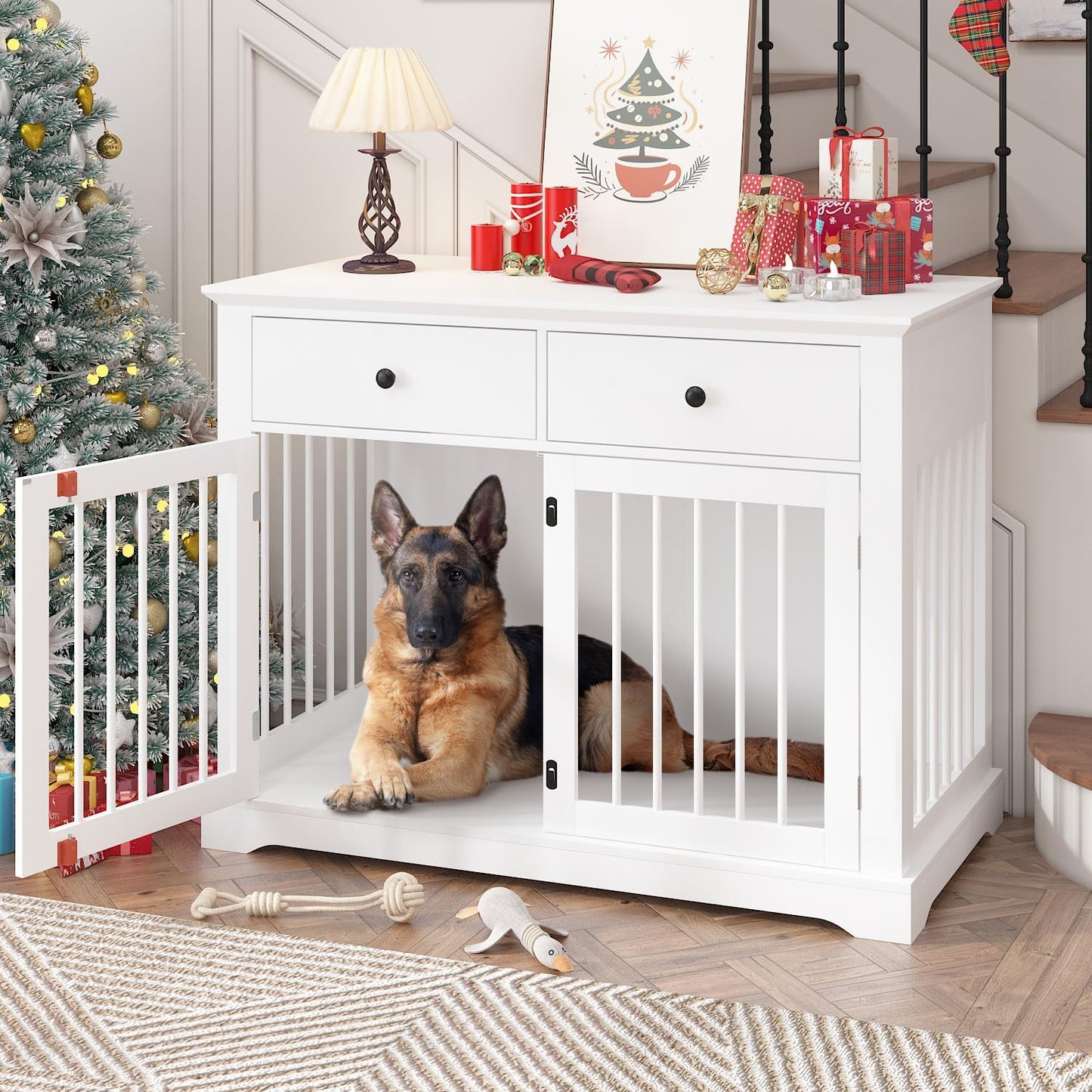 Dog Crate Furniture, 44 Inch Wooden Dog Kennel Indoor with 2 Storage Drawers, Heavy Duty Large Crate Furniture, Decorative End Table Cage Furniture for Small/Medium/Large (White)