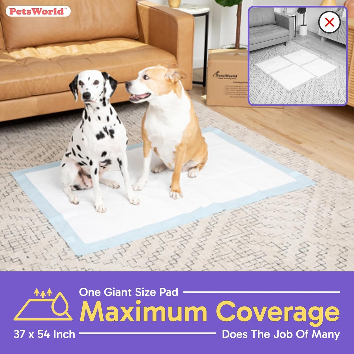 PETSWORLD Enormous Dog Training & Potty Pads, 37x54 inch - Tear Resistant with Strong Leak-Proof Backing, Optional Adhesive Tape, 25 Count