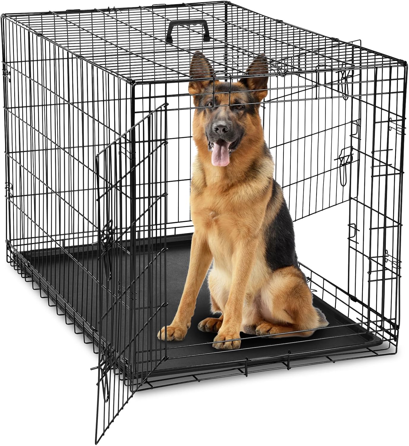 DUMOS Dog Crate, 42 Inch Large Double Door Dog Cage with Divider Panel and Plastic Leak-Proof Pan Tray, Folding Metal Wire Pet Kennel for Indoor, Outdoor, Travel