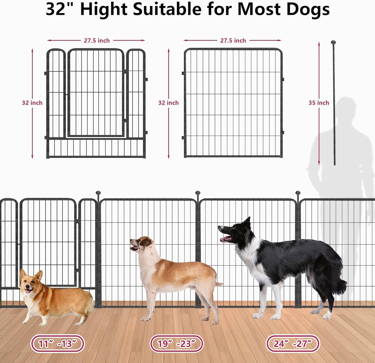 Dog Playpen 32 inch 16 Panels Indoor Outdoor Dog Pen for Medium/Small Dogs Heavy Duty Metal Dog Fence Outdoor for Yard, Puppy Playpen with Door Portable Pet Fence for RV Camping Yard