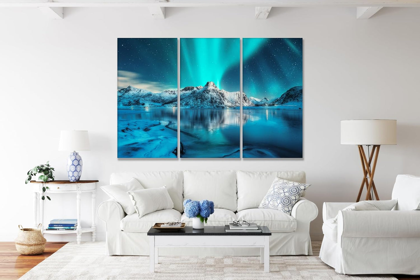 Nature Wall Art Prints - Ocean Forest Mountain Lake Canvas Landscapes - Small to Extra Large Living Room Bedroom Kitchen Bathroom Décor (Northern Lights Over Lake, 31L" x 47W" - 3 Panels)