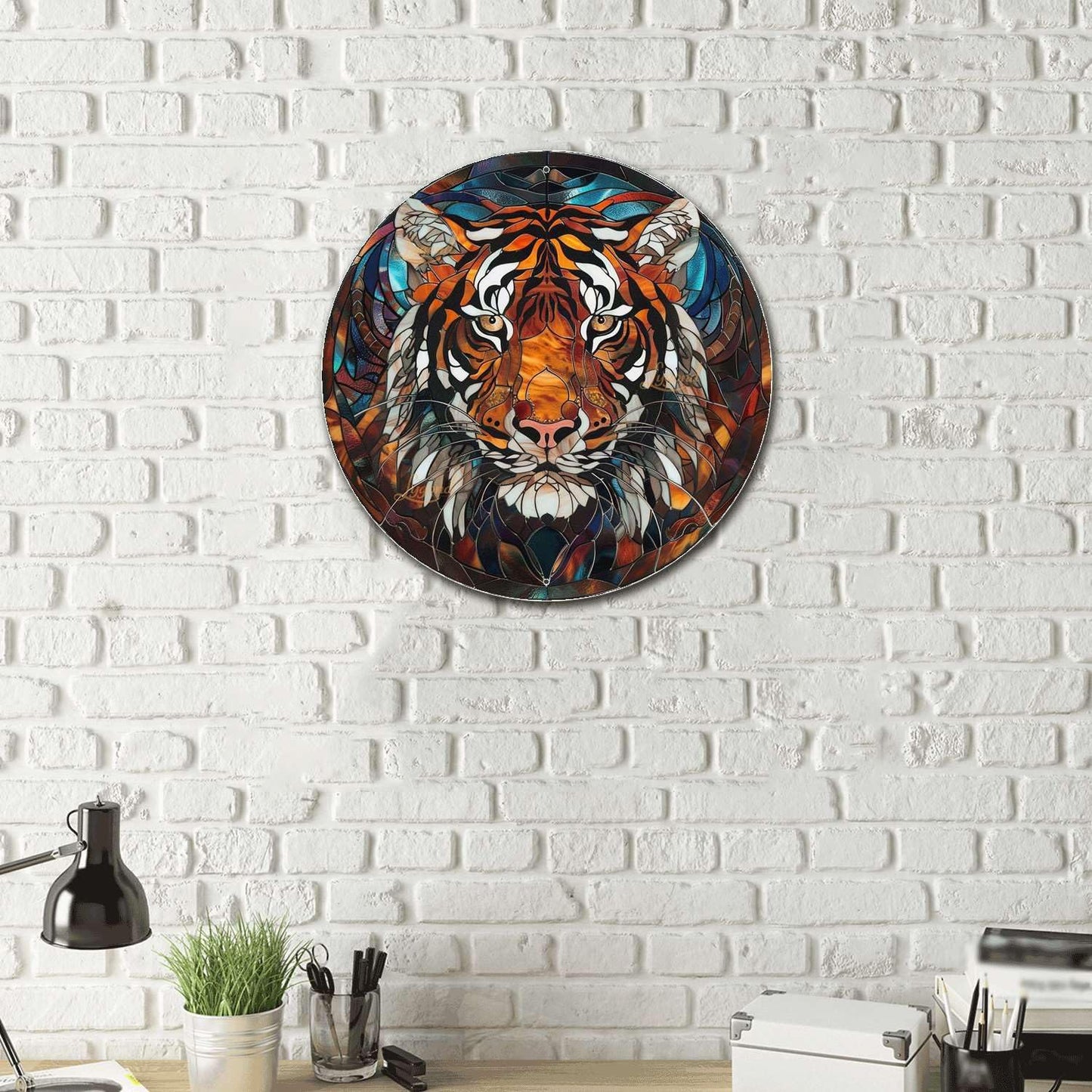 Lygond Metal Sign Tin Sign Circular Stained Glass Tigle Tin Signs Gardening for Yard 12×12 Inches