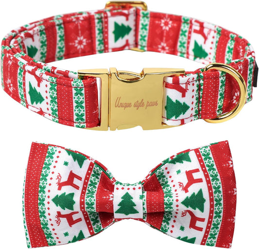 Unique Style Paws Christmas Day Dog Collar with Bow Christmas Tree Cotton Puppy Collars for Small Medium Large Dogs