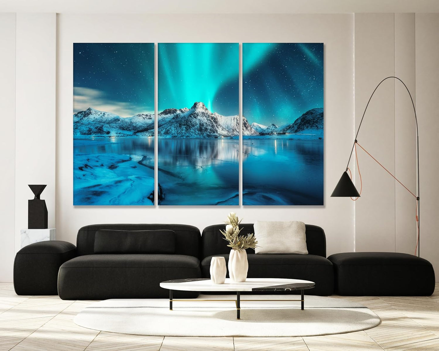Nature Wall Art Prints - Ocean Forest Mountain Lake Canvas Landscapes - Small to Extra Large Living Room Bedroom Kitchen Bathroom Décor (Northern Lights Over Lake, 31L" x 47W" - 3 Panels)