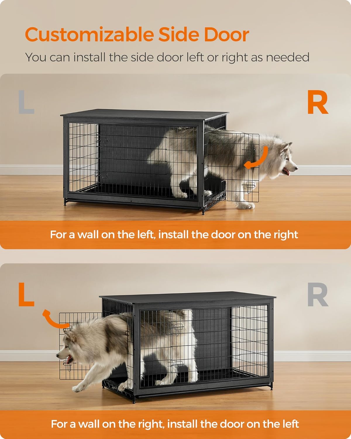Feandrea Dog Crate Furniture, 56.1" Modern Kennel for Dogs Indoor up to 105 lb, Heavy-Duty Dog Cage with Multi-Purpose Removable Tray, Double-Door Dog House, Ink Black UPFC005B01