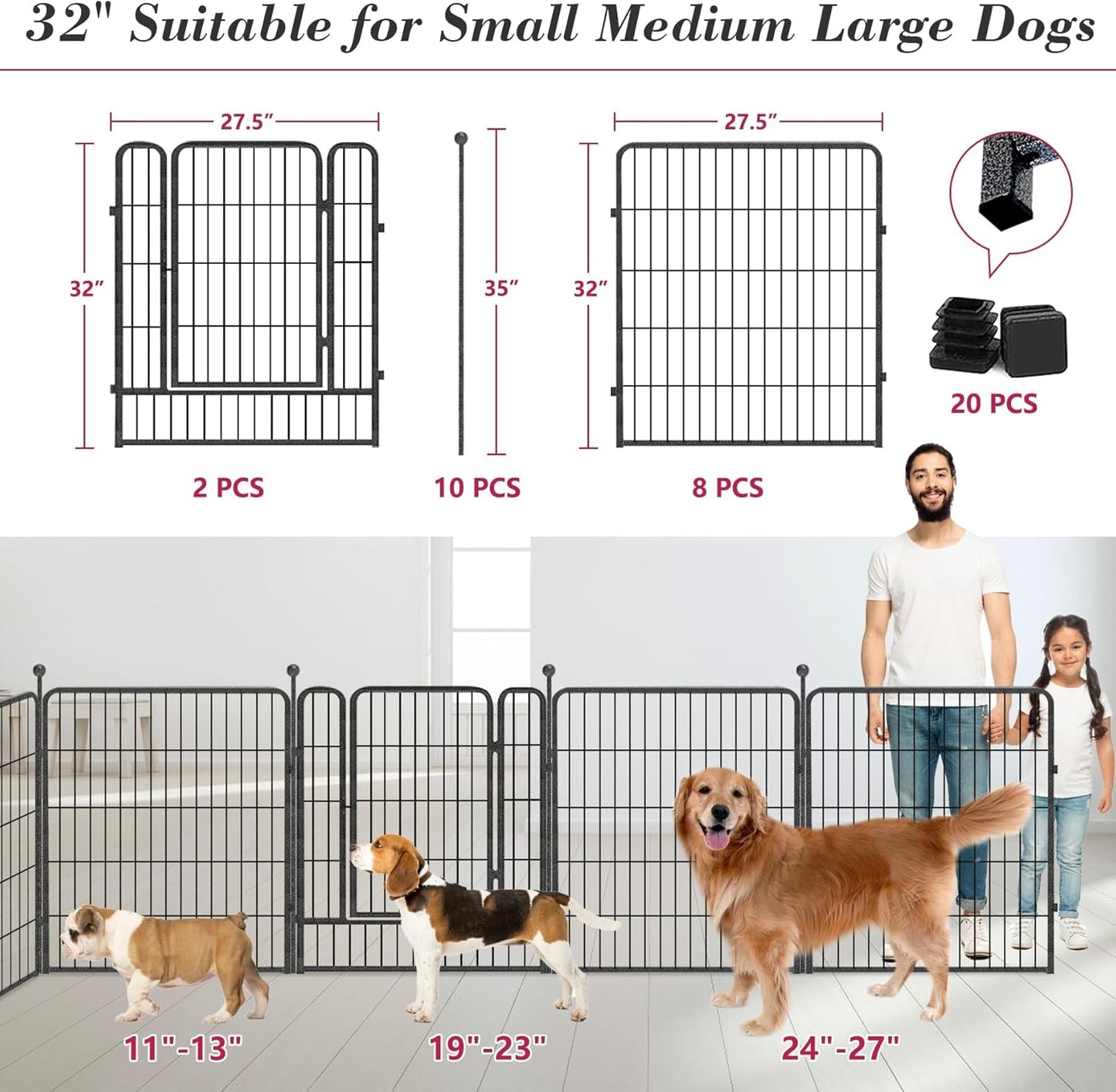 Dog Playpen 32 inch 10 Panels Indoor Dog Pen for Medium/Small Dogs Heavy Duty Metal Dog Fence Outdoor for Yard, Puppy Playpen with Door Portable Pet Fence for RV Camping Yard