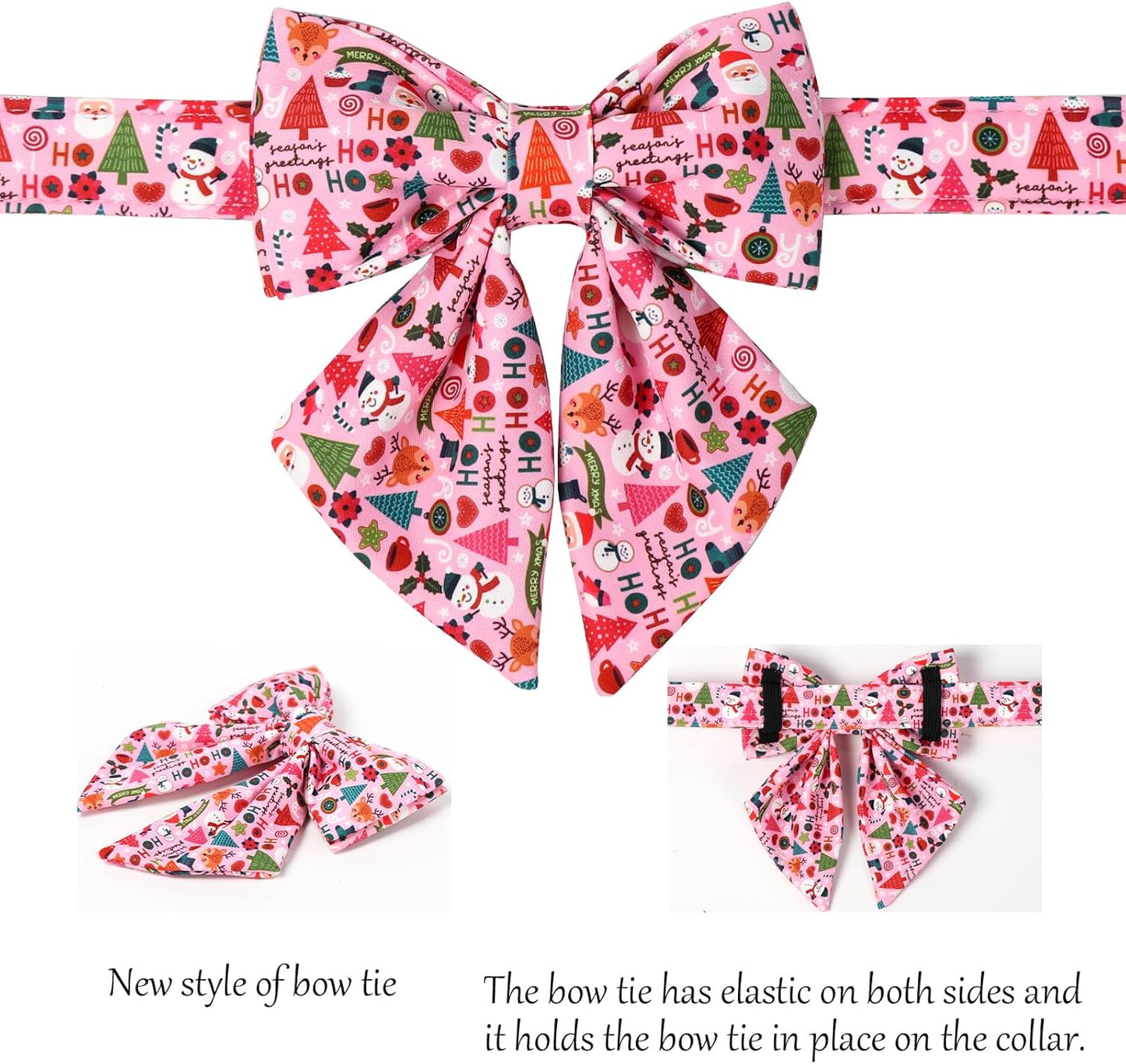 Lionet Paws Christmas Dog Collar with Sailor Bow, Cute Ho Christmas Tree Snowman Pink Dog Collar Bow Tie for Dogs, Medium, Neck 13.5-22 inches