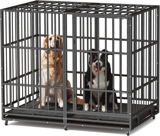54 in Heavy Duty Indestructible Dog Crate Steel Escape Proof, High Anxiety Cage with Wheels, Removable Tray, Extra Large Dog Kennel XL XXL