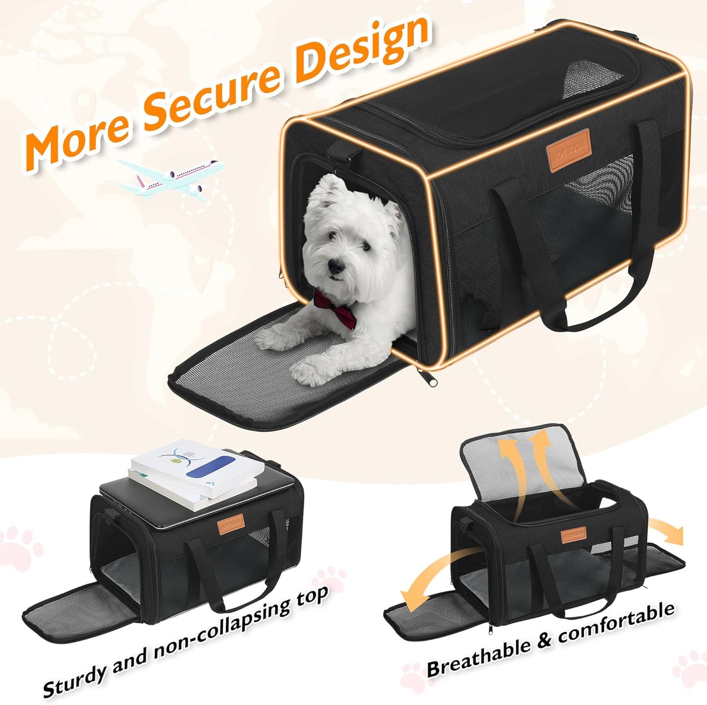 PETUX TSA Approved Pet Carrier in Cabin, 17"x11"x9.5" Soft Cat Carriers for Small Cat up to 12 lb and Puppy up to 10 lb, Top Open Portable Pet Carrier Airline Approved for Travel and Vet Visit (Black)