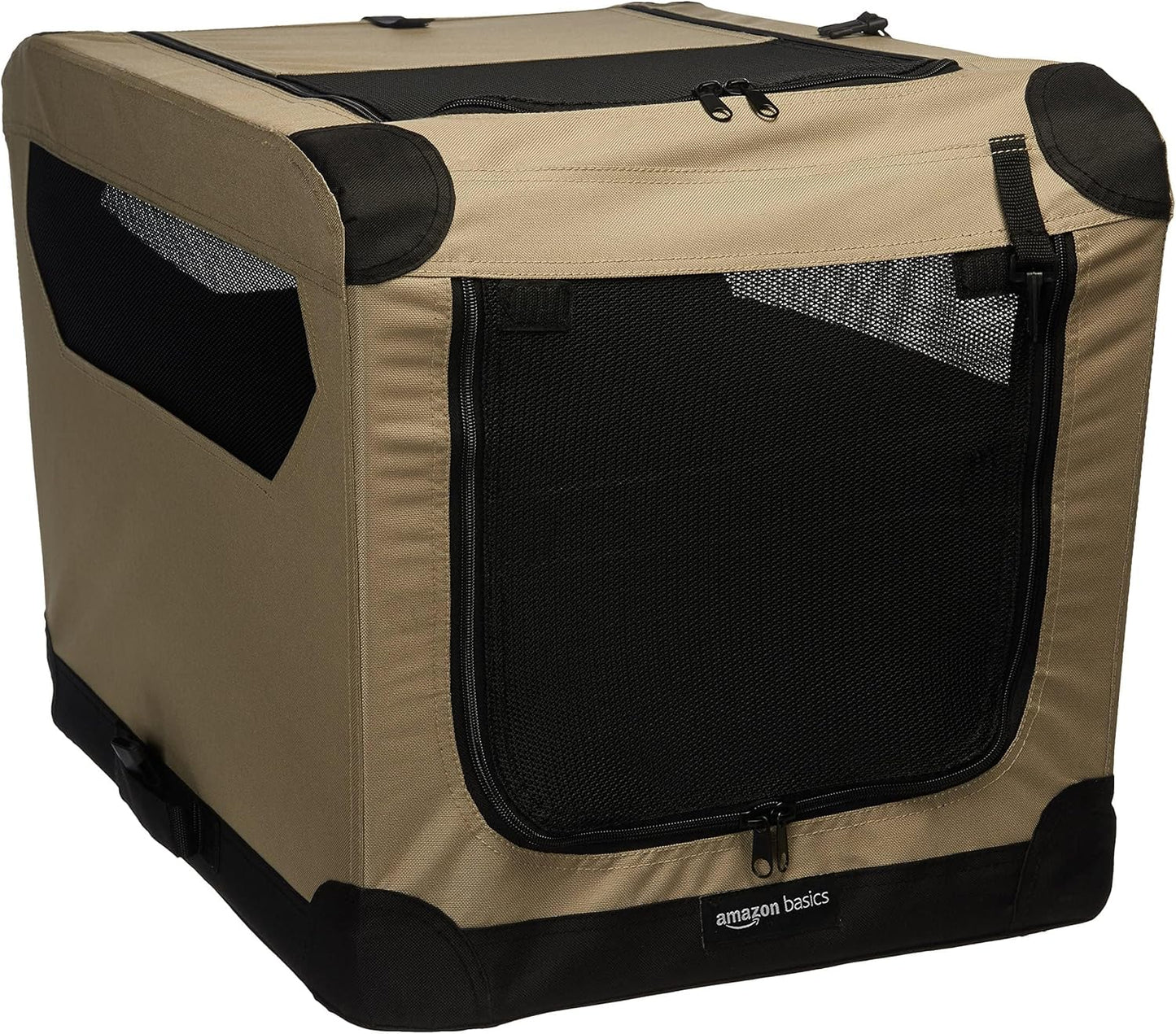 Amazon Basics 2 Door Foldable and Portable Travel Pet Kennel for Cat, Dog, Rabbit, 26 inch, Tan, S 26" x 18" x 18"