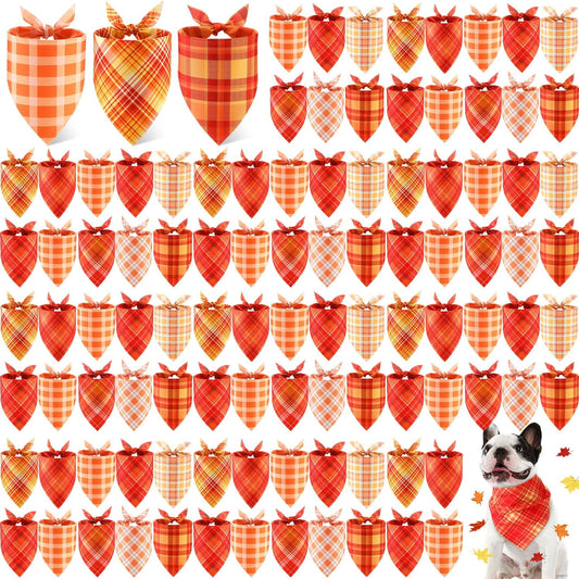 100 Pieces Fall Dog Bandanas Bulk Plaid Bandanas for Dogs Autumn Thanksgiving Soft Doggie Bibs Adjustable Triangle Scarves for Small Medium Large Pet Fall Autumn Costume