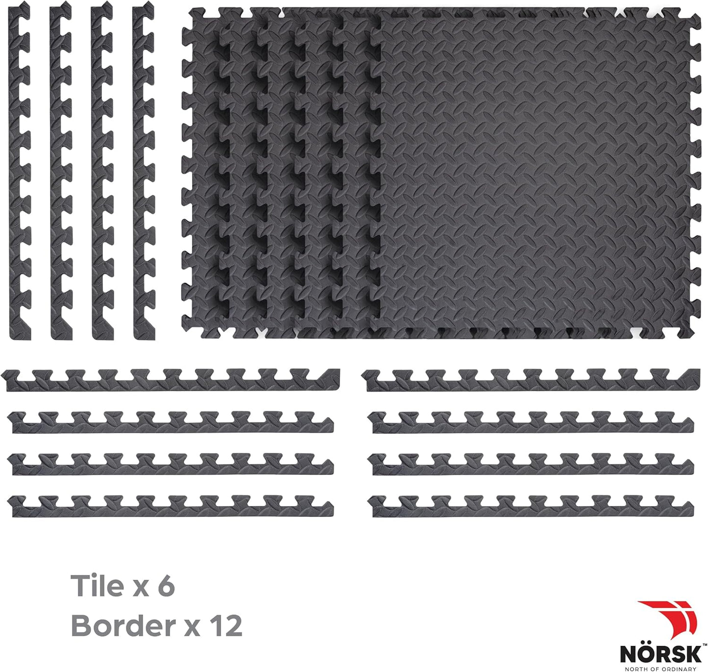 Norsk Foam Floor Gym Mats with Interlocking Tiles, .47" Thick, 24"x24", 24-Pack, 96 Square Feet, Diamond Plate Design, Grey