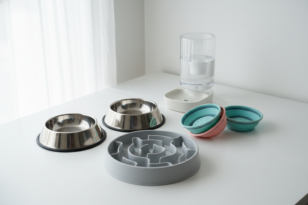 Stainless steel and silicone bowlsSlow feeders for healthy digestionAutomatic water dispensers (make it real photo)